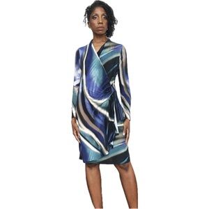 KAREN KANE•SIZE L•MULTICOLORED LONG SLEEVE CASCADING FAUX WRAP MIDI DRESS